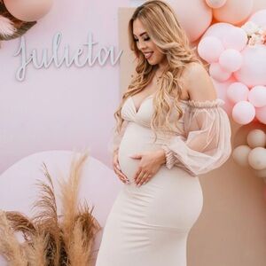 Off-Shoulder Cream Maternity Maxi Dress with Sheer Puff Sleeves